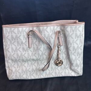Michael Kors Jet Set Signature Tote Bag – Beige MK Logo Canvas, Interior Pocket‎